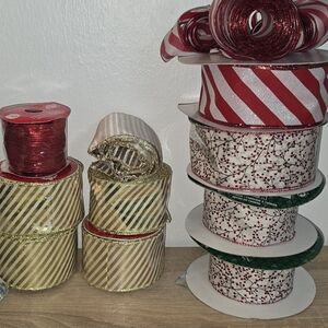 Christmas Ribbon & Holiday Decor Set – Large Lot of Wired Ribbons & Signs